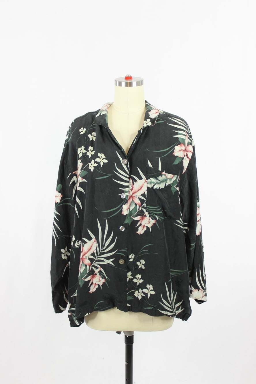 Vintage 90's TOMMY BAHAMA Black Tropical Floral 100% Silk Blouse Shirt, Size L